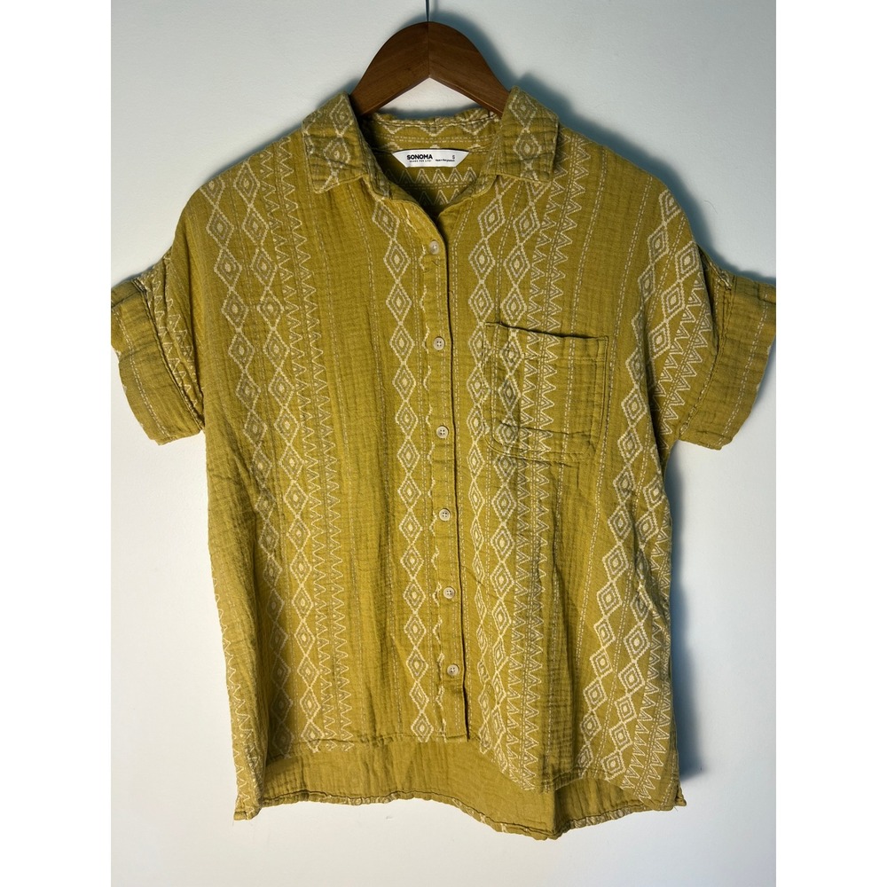 Sonoma S Button Down Boho Tribal Mustard Yellow Gauze Cotton Short Sleeve Top